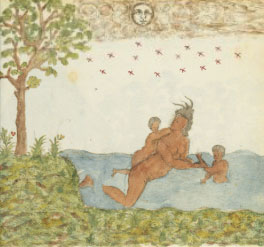 a brown-skinned woman swimming with a baby on her back and one near her, with a tree and some grass