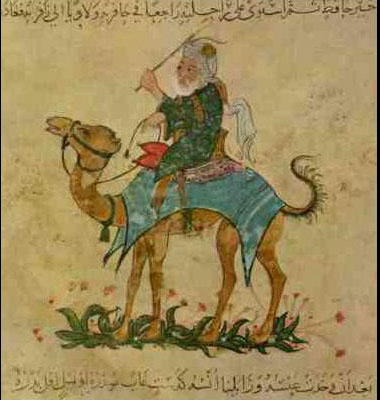 Painting of a white man in a turban, riding on a camel