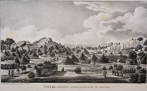 drawing of a small village with hills in the background