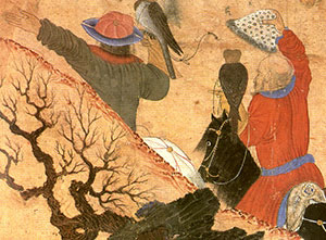 Chinese-Islamic painting of two men hunting with falcons on horses