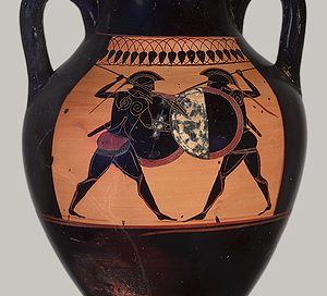 Two men fight on an Athenian black-figure vase
