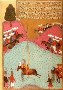 Miniature painting of men riding horses around a tall post and shooting arrows