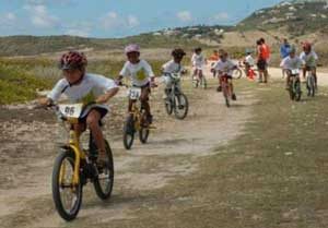 Kids having a bike race