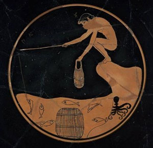 Ancient Greek vase showing a naked boy crouching on shore with a fishing pole and a crab trap
