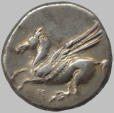 Greek coin from Corinth with the winged horse Pegasus on it