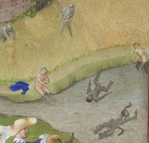 Men and women swimming in the Middle Ages (Tres Riches Heures du Duc de Berry (ca. 1450 AD)
