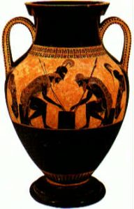 Greek vase with a red background and black people and patterns