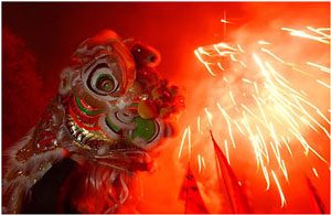 Fireworks and a Chinese dragon