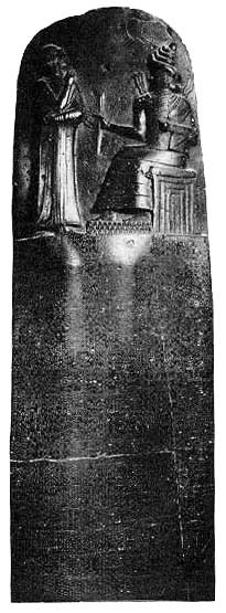 Code of Hammurabi: a hard shiny black stone, rounded at the top, with lots of writing on it and a man in front of a seated god