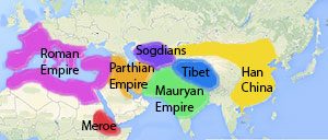 Map shows Han Dynasty China, the Mauryan Empire, the Sogdians, Tibet, and the Parthian Empire