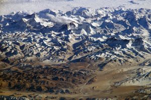 Himalaya mountains from a satellite view, with snow on top