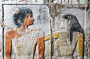 The priestess Meretites hugs her husband, the singer Kahai (Saqqara, Old Kingdom Egypt)