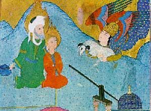 Islamic miniature painting of a white man and a boy with a sheep