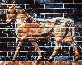 A bull from the Ishtar Gate, Babylon, made out of a lot of molded bricks fit together