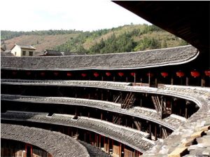 The inside of a huge curved building like an amphitheater but apartments to live in
