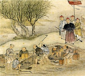 painting of Chinese men destroying boxes