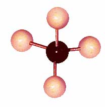 a black ball with four sticks coming out of it and each one ending in a white ball: a methane molecule model