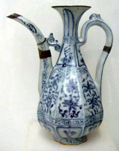 blue and white pottery pitcher, very tall and elegant