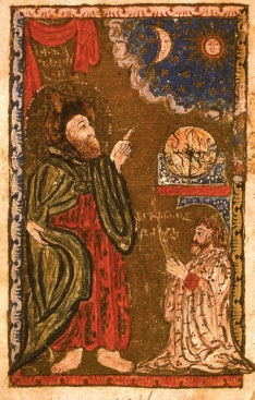 painting of a white man in robes pointing up at the sky
