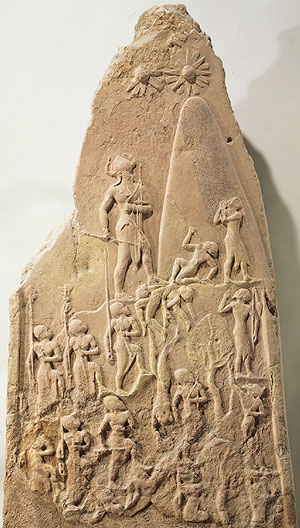 Stele of Naram-Sin: a triangular stone with an army carved on it marching uphill