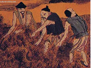 painting of three Chinese men with bare arms working in a field
