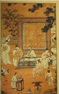 Painting of a room with a man sitting at a table and students standing around: People in ancient China