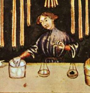 Selling sugar in medieval Europe(Theatrum sanitatis, codice 4182 della R. Biblioteca Casanatense. Rome, ca. 1375 AD)