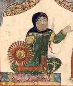 A woman using an early spinning wheel in Baghdad