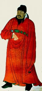 A Chinese man - a T'ang Dynasty emperor - dressed in red robes