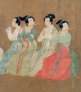 Chinese painting of flute playing women in pretty dresses (T'ang Dynasty China) - like Xue Tao