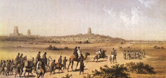Painting of a camel caravan in the desert by Timbuktu