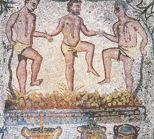 Three men in loincloths treading out wine (mosaic)
