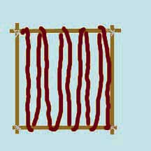 sketch of a wooden frame with yarn looped vertically on it.