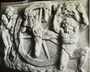 a stone carving of three men