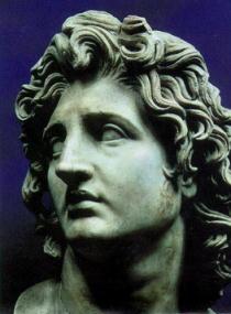 Alexander the Great stone bust of white man with long curly hair