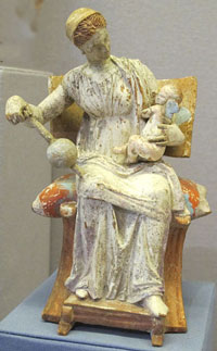 statuette of a woman wearing a long tunic and a cap holding a baby in a tunic
