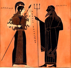 An armed woman and a man in robes carrying a trident, on a black-figure vase