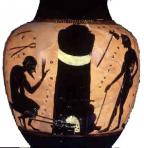 Black-figure vase showing a blacksmith at work with a slave working the bellows. History of iron