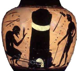 Black-figure vase showing a blacksmith at work (Athens, about 550 BC)