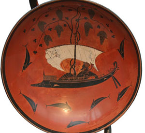Dionysos turns a ship into grapevines, and the bad sailors into dolphins (Athenian black-figure vase from the 500s BC)