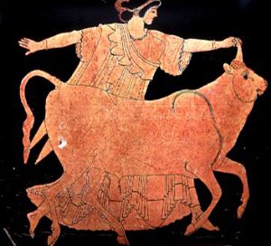 Europa holding the horn of Zeus (disguised as a bull) - Athenian vase found in northern Italy, 480 BC