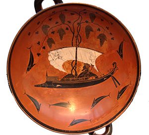 Exekias: Dionysos turning a ship into vines (Athens, ca. 530 BC)