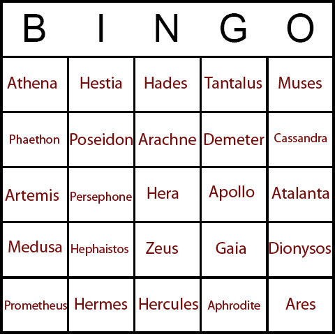 Greek gods bingo