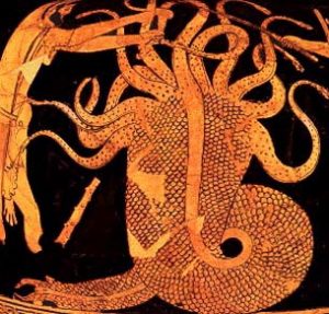 Herakles fights the hydra: a monster with many snakes coming out of it like an octopus