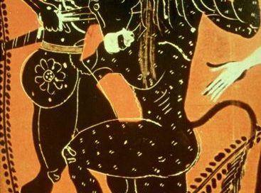 Theseus kills the Minotaur Athenian black-figure vase, ca. 550 BC