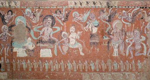 Examples of karma: King Siva offers his body to save a dove from a hawk, and King Candraprabha is so generous that he gives away his own head (Mogao Caves, China, about 500 AD)