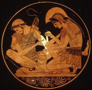 Achilles bandaging the wounded Achilles binding up the wounds of Patroclos (Athens, red-figure vase, 500 BC -now in Berlin)