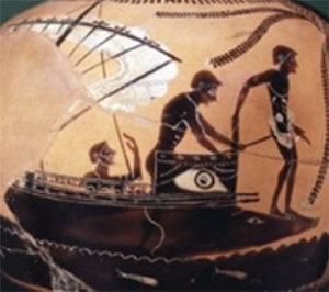 Black figure vase: a boy prepares to jump off a ship