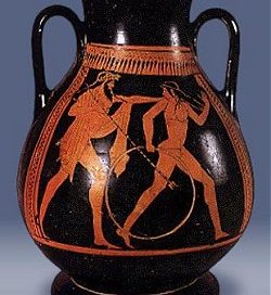 Poseidon in love with Pelops on a red figure vase
