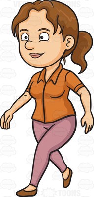 A woman with ponytailed brown hair, wearing an orange blouse and pink pants, dark orange shoes, smirks while walking to her destination